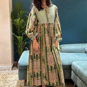 BRAND NEW Tiger Block Print Midi Dress Soft Cotton Summer Dress Green Midi Dress